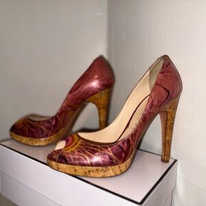 Casadei Maroon and Tan Peep-Toe Heels